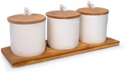 Lucky Goddness June Sky Ceramic Food Storage Containers with Bamboo Lid- Modern Design Porcelain Jar- Perfect Canister for Sugar Bowl Serving Tea, Coffee, Spice- Condiment Pot 8 oz, white