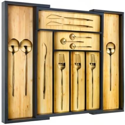 Cozee Bay Bamboo drawer organizer, utensil holder, silverware organizer, and adjustable cutlery tray with drawer dividers, for kitchen, office desk, and bathroom storage (Black)