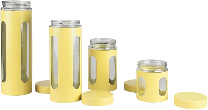 Home Basics Retro Kitchen Canisters For Countertop (4 Piece Set) Yellow Glass with Metal Finish; See-Through Windows; Great For Flour, Coffee, Sugar, Dry Ingredients, Snacks