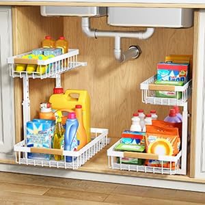 PXRACK 2 Pack Under Sink Organizer,Adjustable Height,2 Tier Pull Out Under Cabinet Organizer,Slide Out Thickened Metal Under Sink Storage for Kitchen Bathroom Laundry Cabinet Pantry,White