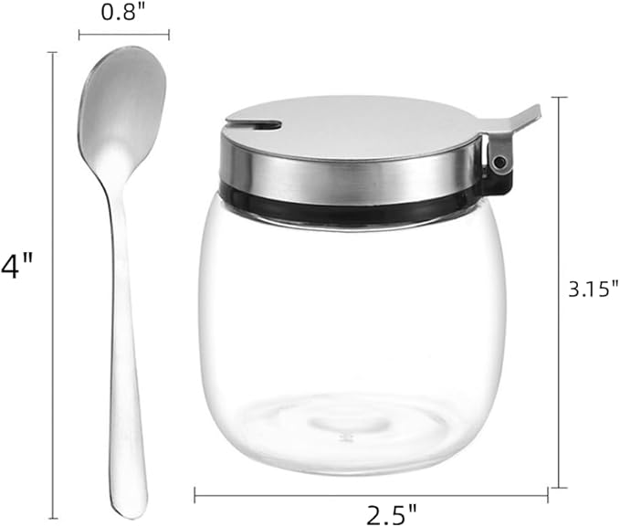 Hewnda 2Pcs Sugar Salt Container Set,8 oz glass jar with lid and spoon for storing condiments,coffee,sugar cubes,spices and more