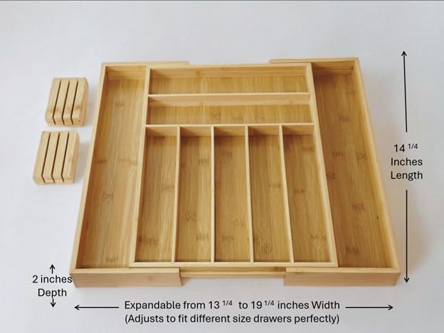 Kitchen Utensil Drawer Organizer- Bamboo, Expandable