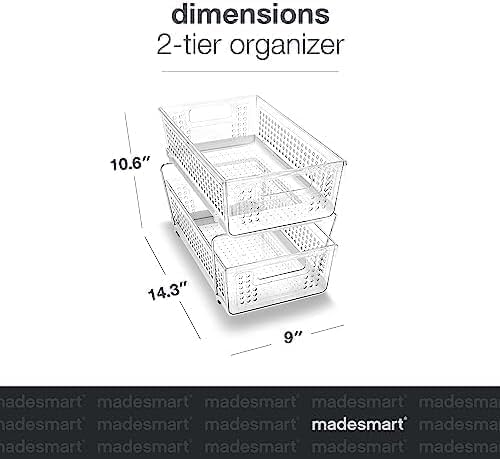 madesmart 2-Tier Organizer Multi-Purpose Slide-Out Storage with Handles and Dividers for Home and Bath, BPA Free, Pack of 1, Clear