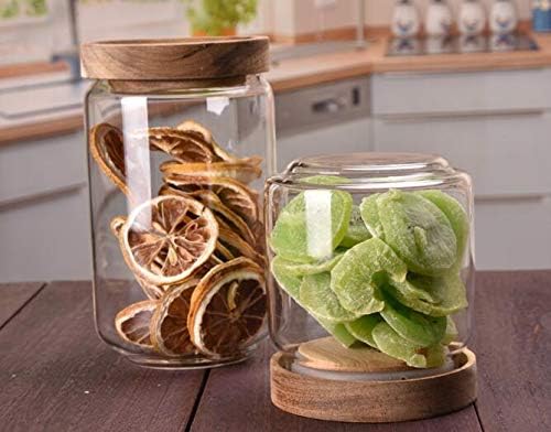 450ML 15OZ Glass Storage Container jars with Sealed Wooden Lids Glass Canister Kitchen Food Storage Containers for Coffee Beans Loose Tea Leaves Nuts Sugar Candy Spice Cookies