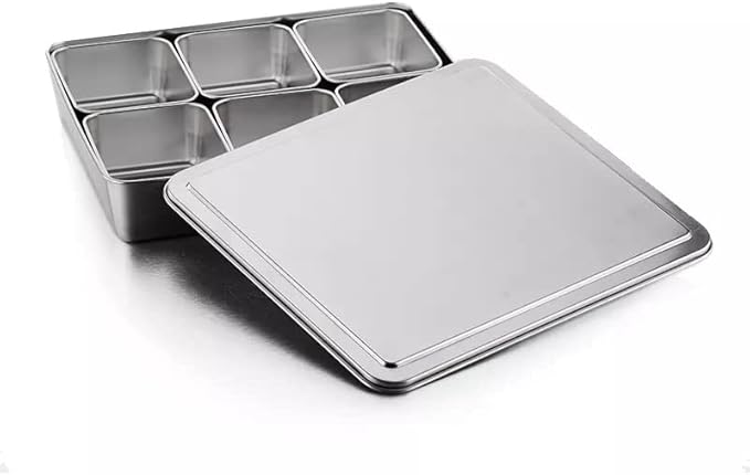 Xarra - Japanese Mini Container, Stainless Steel Yakumi Mise En Place Box, Multi Compartment Set For Food, Herbs, Seasoning and Spices (6 Compartment)