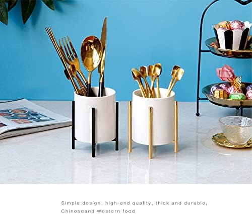 Kitchen Utensil Holder,White Ceramic Silverware Caddy With Golden Metal Frame Chic & Modern Kitchen Cooking