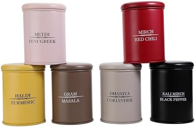 Spice Jar Set of 6 – Stainless Steel Airtight Spice Containers for Kitchen Storage | Masala Box Organizer for Spices | Modern Spice Rack Jars for Pantry & Countertop