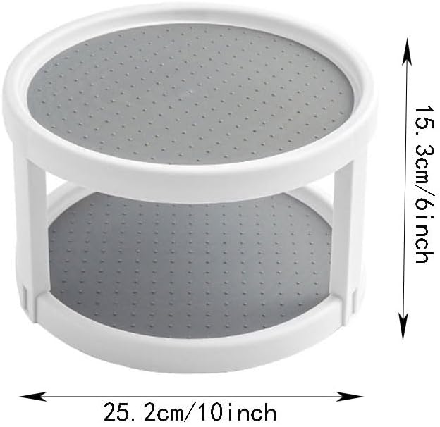 2 Tier Non Skid Spice Rack Turntable, 10 Inch Spinning Organizer, Non Skid Lazy Susan Turntable, 360° Rotating Seasoning Organizer for Kitchen, Pantry Cabinet, Refrigerator, Bathroom, Gray/White