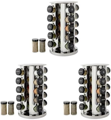 Kamenstein 20 Jar Revolving Countertop Spice Rack with Spices Included, FREE Spice Refills for 5 Years, Polished Stainless Steel with Black Caps, 30020 (Pack of 3)