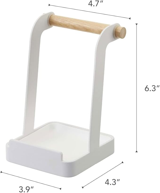 Yamazaki Home Ladle & Lid Rest - Kitchen Utensil Organizer Stand for Cooking Steel + Wood White