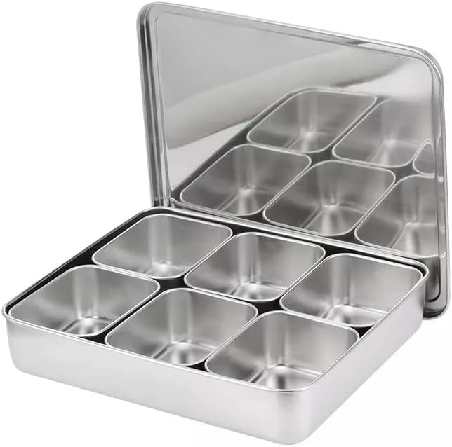 Xarra - Japanese Mini Container, Stainless Steel Yakumi Mise En Place Box, Multi Compartment Set For Food, Herbs, Seasoning and Spices (6 Compartment)