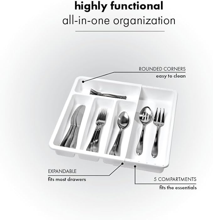 madesmart Cutlery, Expandable Small Silverware Tray, White