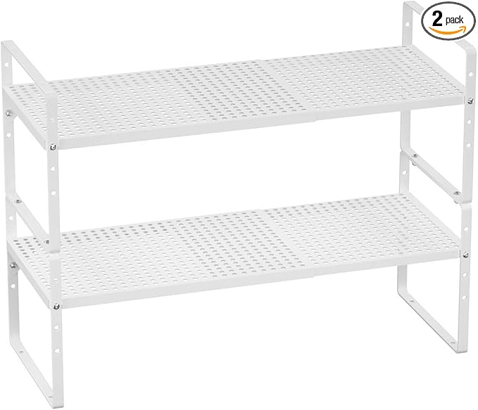 Cabinet Shelf Organizer Expandable Spice Rack Stackable Countertop Organizer Shelves Space Saving Pantry Counter Under Sink Shelves Inside Cabinet Storage,White,2 Packs
