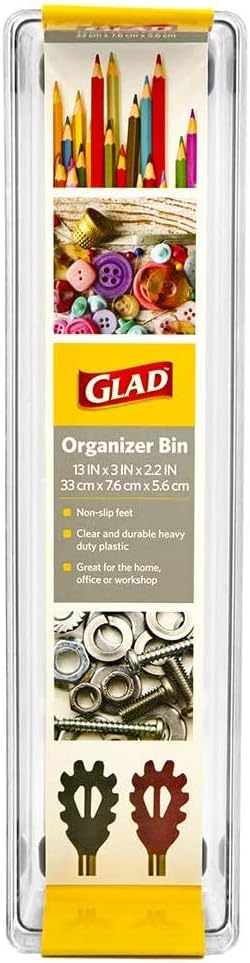 Glad Plastic Drawer Storage Tray – Heavy Duty Organizer Bin for Home, Kitchen, Bath, Bedroom, Office | Non-Slip Feet, 13" x 3", Clear