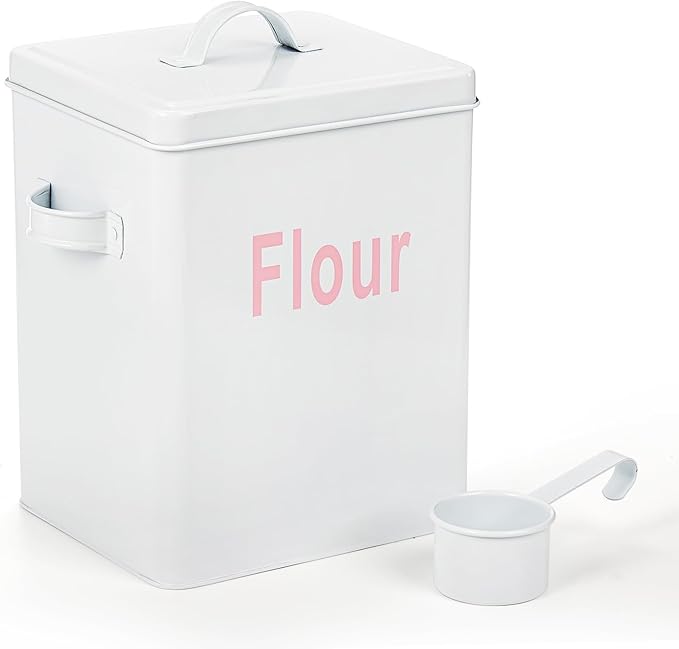 Youeon 200 Oz/25 Cup Metal Flour Storage Container with Airtight Lid and Measuring Scoop, Square Flour Canister with Handle, White Storage Canister for Kitchen Counter, Farmhouse Decor
