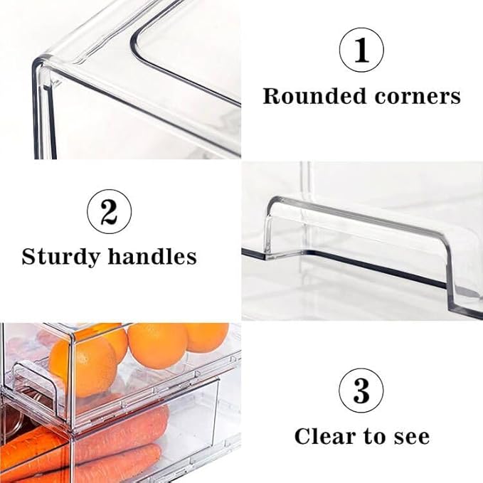 MANO 2Pack Clear Fridge Drawers Pull Out Stackable Refrigerator Drawer Organizer Bins Pantry Storage Box Plastic Food Containers for Kitchen Bathroom Office Closet (2pack Large)