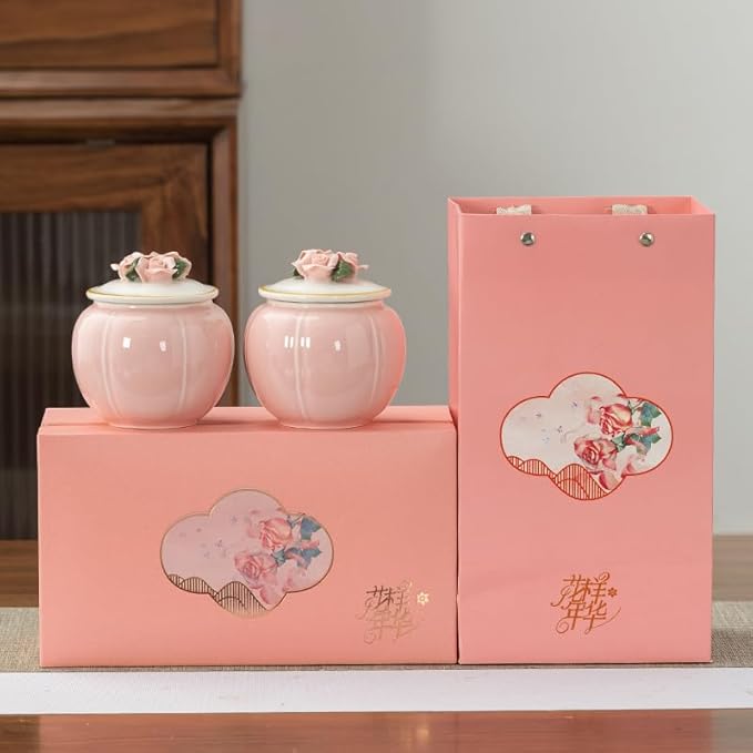 the wonderful years of youth Ceramic Storage Jars, Vintage Chinese Style Storage Jars with airtight Traditional Tea Tins Cans Canister for Kitchen Spice, biscuit,Tea, candy,Coffee,red,pink (Pink)
