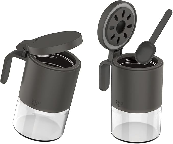 Zuutii Glass Spice Jars Moisture-Proof Spice Containers with Spoons, Set of 2 10oz/300ml Spice Bottles, Mini Seasoning Storage Jars with Flapper Caps for Salt, Sugar, Peppers, Chili in Kitchen Grey