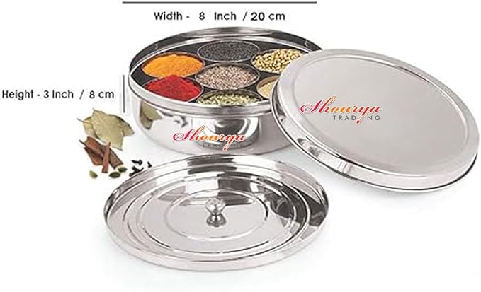 Stainless Steel Spice Box with 7 Spice Containers and 7 Spoon and Double Lid, Size No. 12