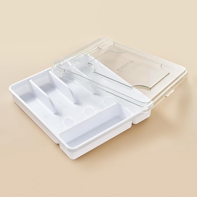 Silverware Organizer With Lid, Utensil Drawer Organizer. Removable Lid, 5 Slots Total Caddy for Flatware Cutlery Knives, Forks, Spoons.White