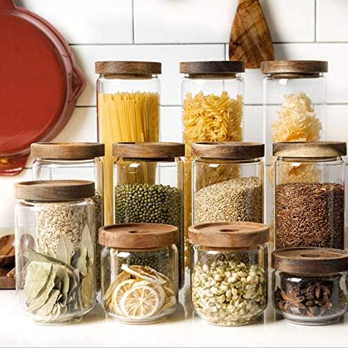 1PCS 450G/15oz Empty Clear Glass Canister Home Kitchen Food Storage Container Jars Pots With Airtight Wood Lids Food Organizer Vial Dispenser for Coffee Bean Tea Sugar Dry Fruit Nuts Candy
