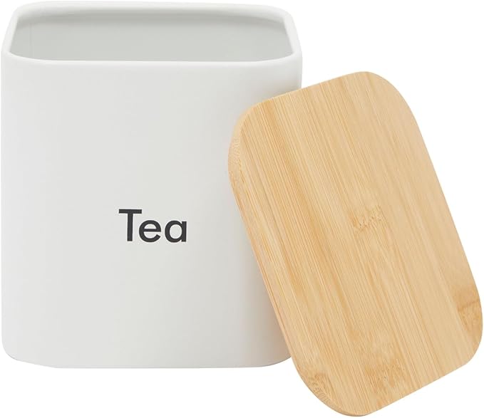 Juvale Coffee Tea Sugar Container Set - White Iron Kitchen Canister Set with Bamboo Lids (3 Pieces, 48 oz)