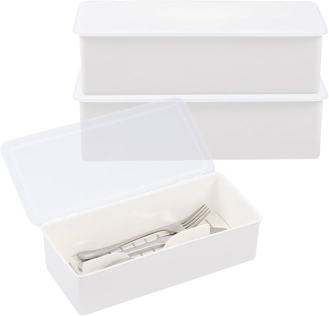 Rainmae 3Pcs Flatware Tray with Lid and Drainer, Large Plastic Silverware Utensil Kitchen Drawer Organizer Clear Cutlery Storage Container with Cover Dinnerware Spoon Knife Holder for Home and Travel
