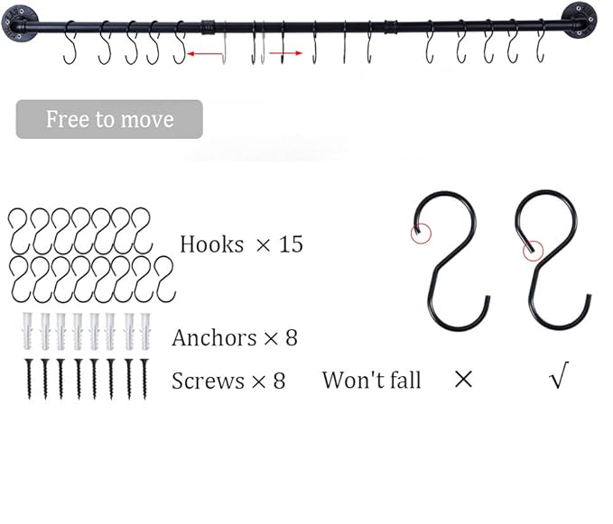 WuGeShop 50.4 inch Hanging Pot Rack Wall Mounted Pot Pans Hanging Rail, Industrial Long Pot Pan Bar With 15 S Hooks, Black Pot Hangers Kitchen Pot and Pan Hanging Rack