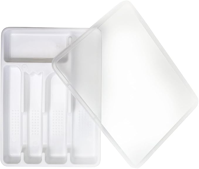 Flatware Tray with Lid, Plastic Camper Picnic Cutlery and Utensil Drawer Organizer, Kitchen Silverware Storage Container with Cover, White