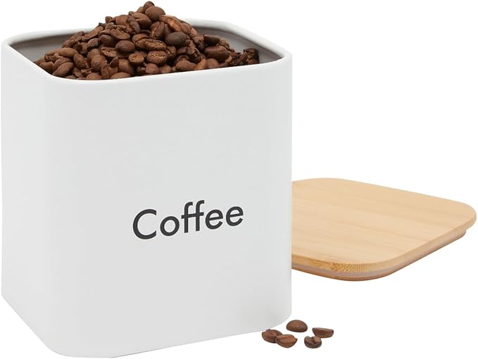Juvale Coffee Tea Sugar Container Set - White Iron Kitchen Canister Set with Bamboo Lids (3 Pieces, 48 oz)