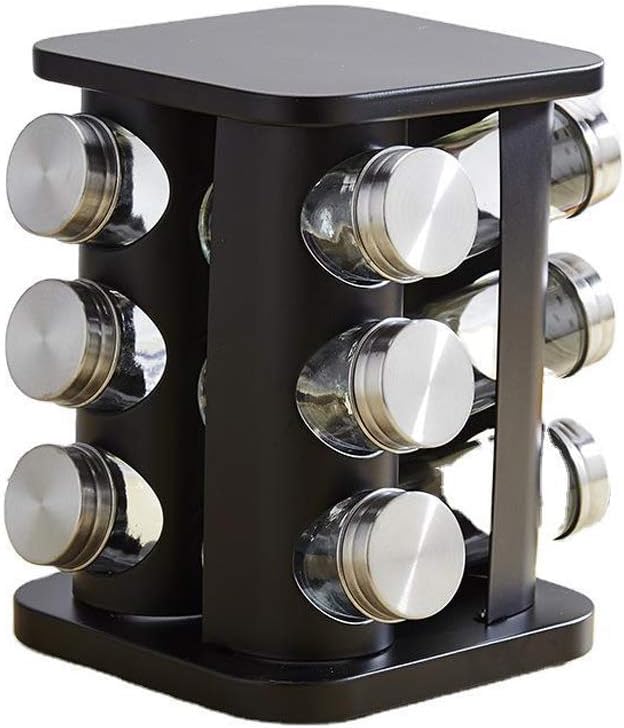 TINMIX Revolving Spice Rack Organizer with 12 Jars, Countertop Spice Seasoning Rack Tower with 12 Glass Jar Bottles Refillable for Kitchen Cabinet, Stainless Steel, Black