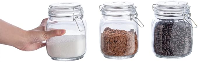 Restaurantware Vetri 30.4 Ounces Glass Storage Jars 3-Piece Dishwashable Glass Cookie Jars - Airtight Seal Hot & Cold Friendly Clear Glass Glass Candy Jars For Kitchen Laundry Or Storage