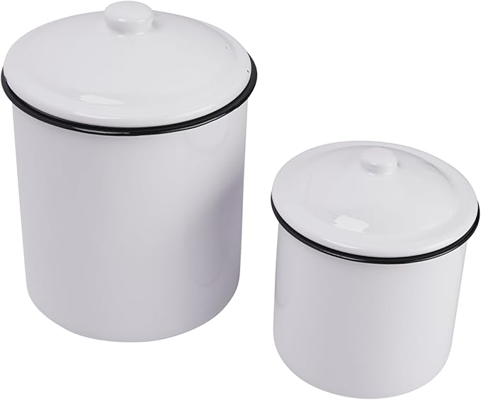 Creative Co-Op Set of 2 White Enameled Canisters with Lids