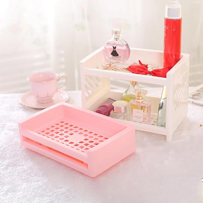 PRETYZOOM 2 Tier Foldable Countertop Organizer, Small Plastic Storage Rack for Kitchen Bathroom, Multifunctional Mini Shelf for Makeup Organizer, Bathroom Countertop Shelf, Kitchen Seasoning Holder