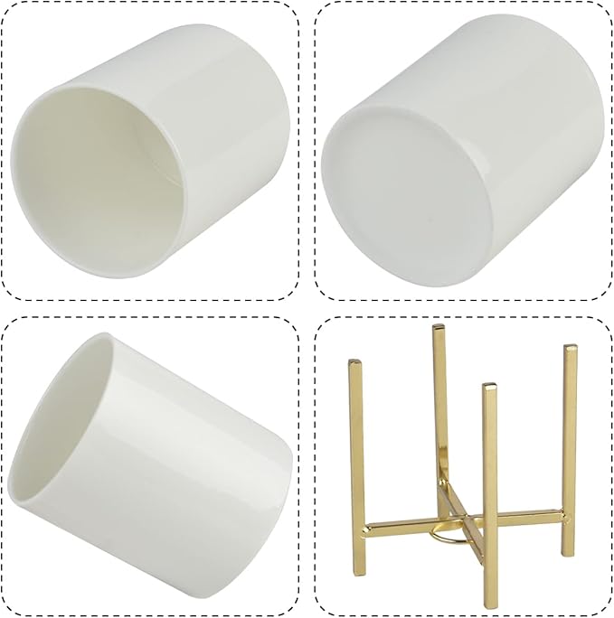 Ceramic Spoon Holder, Silverware Holder For Countertop, Sturdy Cutlery Holder, Gold Utensil Holder for Kitchen Countertop, White Ceramic Cup with Gold Metal Bracket, 1 Pcs