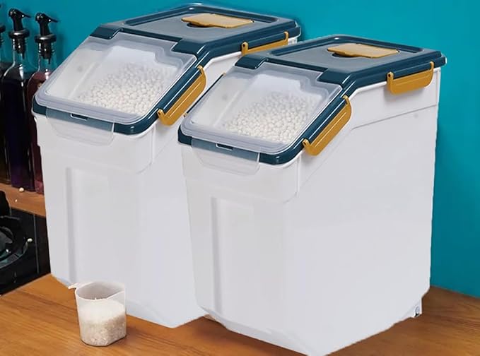 YXQ 25LB Large Flour Storage Container Bin ,2 Pack Airtight Plastic with Wheels Seal Locking Lid Dispenser Organizer Storage Bin with Measuring Cup & Scoop for Flour, Rice, Grain 50LBS Total