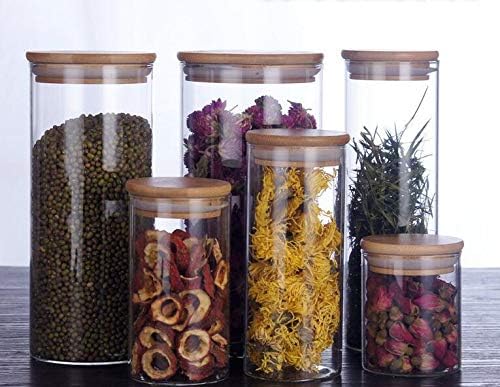 Glass Food Storage Jar Canister - Cylinder Airtight Kitchen Container with Natural Wood Lid for Tea Dry Fruit Nuts Candy Seasoning Spaghetti Coffee Bean Clear Sealing size 250ML/8.5oz
