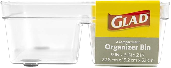 Glad Plastic Drawer Storage Tray – Heavy Duty Organizer Bin for Home, Kitchen, Bath, Bedroom, Office | Non-Slip Feet, 2-Compartment, Clear
