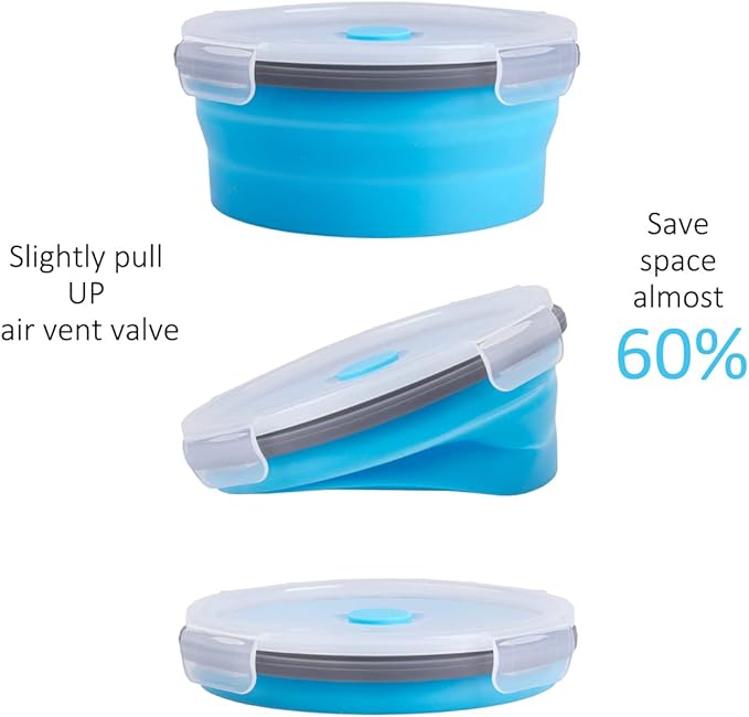 Collapsible Food Storage Containers Round with Airtight Lid, 27 oz, Kitchen Stacking Silicone Collapsible Meal Prep Container Set for Leftover, Microwave Freezer Dishwasher Safe, Blue, Set of 4