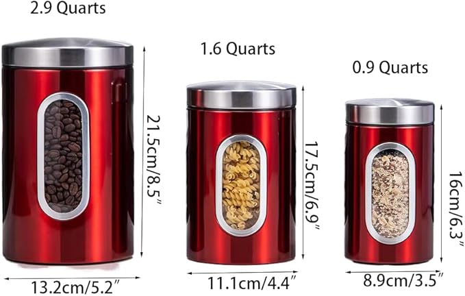 Transparent Red Canisters Sets of 3 Pieces For The Kitchen,0.9/1.6/2.9 Quarts Stainless Steel Coffee Sugar Tea Candy Storage Jars with Window for Home Kitchen Decoration and Accessories