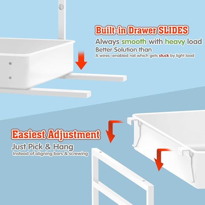 EVERIE Height Adjustable 2 Tier Metal Pull Out Slide Shelf Organizer for Under Sink Cabinets in Kitchen, Bathroom, with Snap-on Top Tray, 16" Deep (White, 2 Sets)