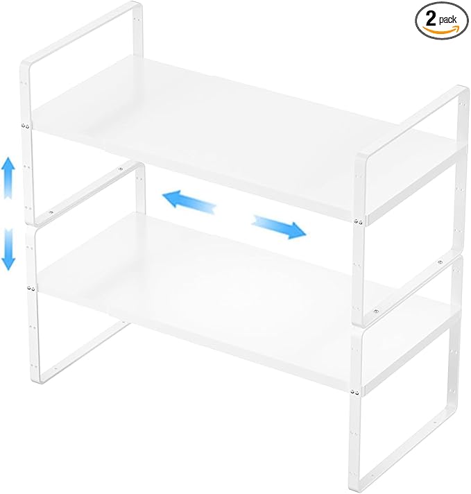 Expandable Kitchen Cabinet Shelf Organizers 2 Pack, Stackable Metal Pantry Storage Shelves Rack, Adjustable Counter Shelf for Cabinets, Countertop, Cupboard Organizers and Storage, White