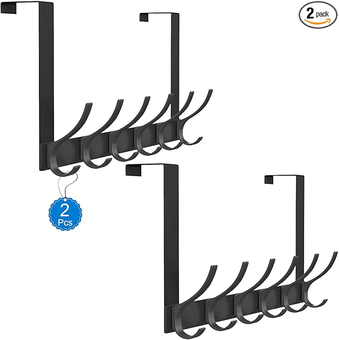 2 Pack Over The Door Hooks, Sturdy Door Hanger, Large Over The Door Towel Rack with 12 Hooks, Heavy Duty Easy to Install, for Bathroom, Bedroom,Kitchen,Hanging Towels, Coats (Black)