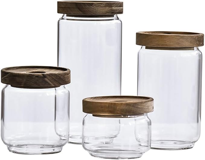 1PCS 450G/15oz Empty Clear Glass Canister Home Kitchen Food Storage Container Jars Pots With Airtight Wood Lids Food Organizer Vial Dispenser for Coffee Bean Tea Sugar Dry Fruit Nuts Candy