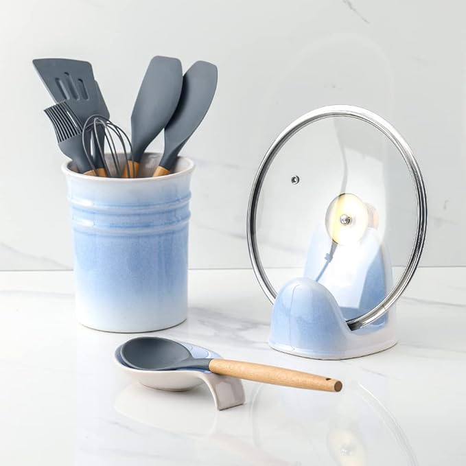 Nihow Pot Lid Holder: Stable Ceramic Pan Lid Holder for Kitchen Counter Decor/Counter top/Stove Top- Heat Resistant & Dishwasher Safe - Elegant White & Blue (1 PC)