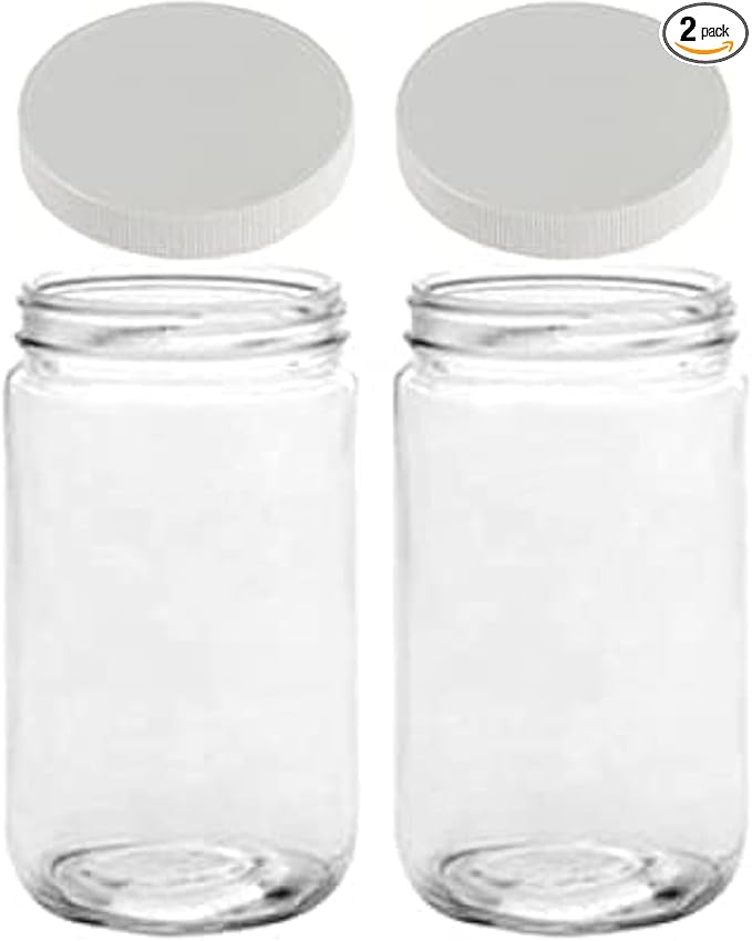 JARMING COLLECTIONS Mason Jars 32 Oz Glass EXTRA WIDE MOUTH Quart Storage Jars with Lids - BPA Free Plastic Storage Lids - Made in USA - Quart Glass Jars 32 oz with Airtight Lids (Set of 2)