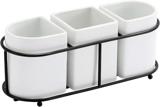 3 Piece Porcelain Flatware Holder Caddy with Metal Rack, Utensil Holder Caddy For Spoons, Knives and Forks Cutlery Organizer