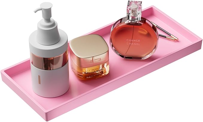 Vanity and Bathroom Tray, 11.8" ABS Countertop Organizer,Waterproof Vanity Tray for Toilet Tank,Perfume,Soap,Keys,Bathroom Accessories,Kitchen and Bath Trays,Non Slip Small Trays,Pink