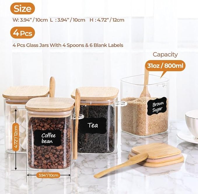 ComSaf 27oz Glass Jars with Bamboo Lids & Spoons Set of 4, Square Glass Containers with Lids, Sugar Coffee Containers Salt Spice Jars, Pantry Storage Container for Loose Tea, Candy, Brown Sugar, Nuts