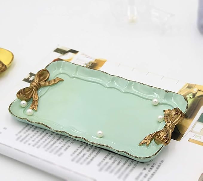 Vintage Decorative Tray Jewelry Tray Towel Tray Storage Tray Rings Necklace Bracelets Earrings Trays Cosmetics Jewelry Organizer Retro Design Bow Decor Resin Plate Coquette Room Decor (Green)
